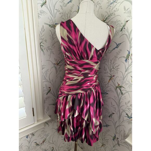 bebe cocktail party Asymmetric dress Pink Brown Floral Size 8 EUC - Picture 3 of 7